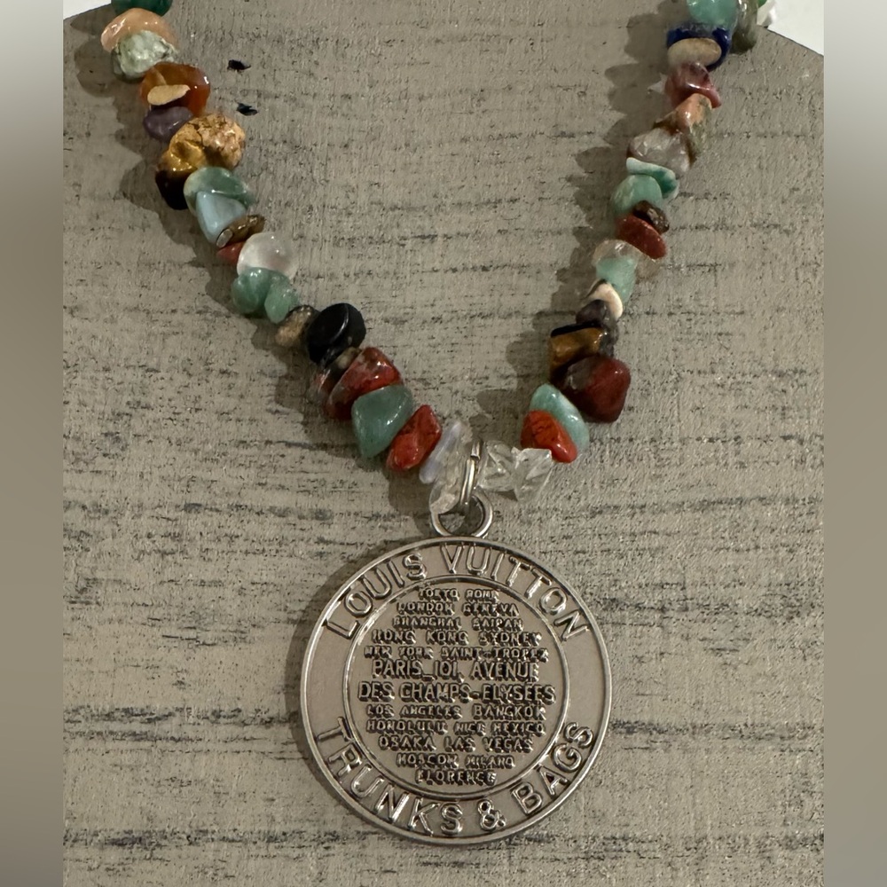 Louis Vuitton 1 3/8” Silver Pendant on 22” Multicolor Stone Bead Necklace. New!